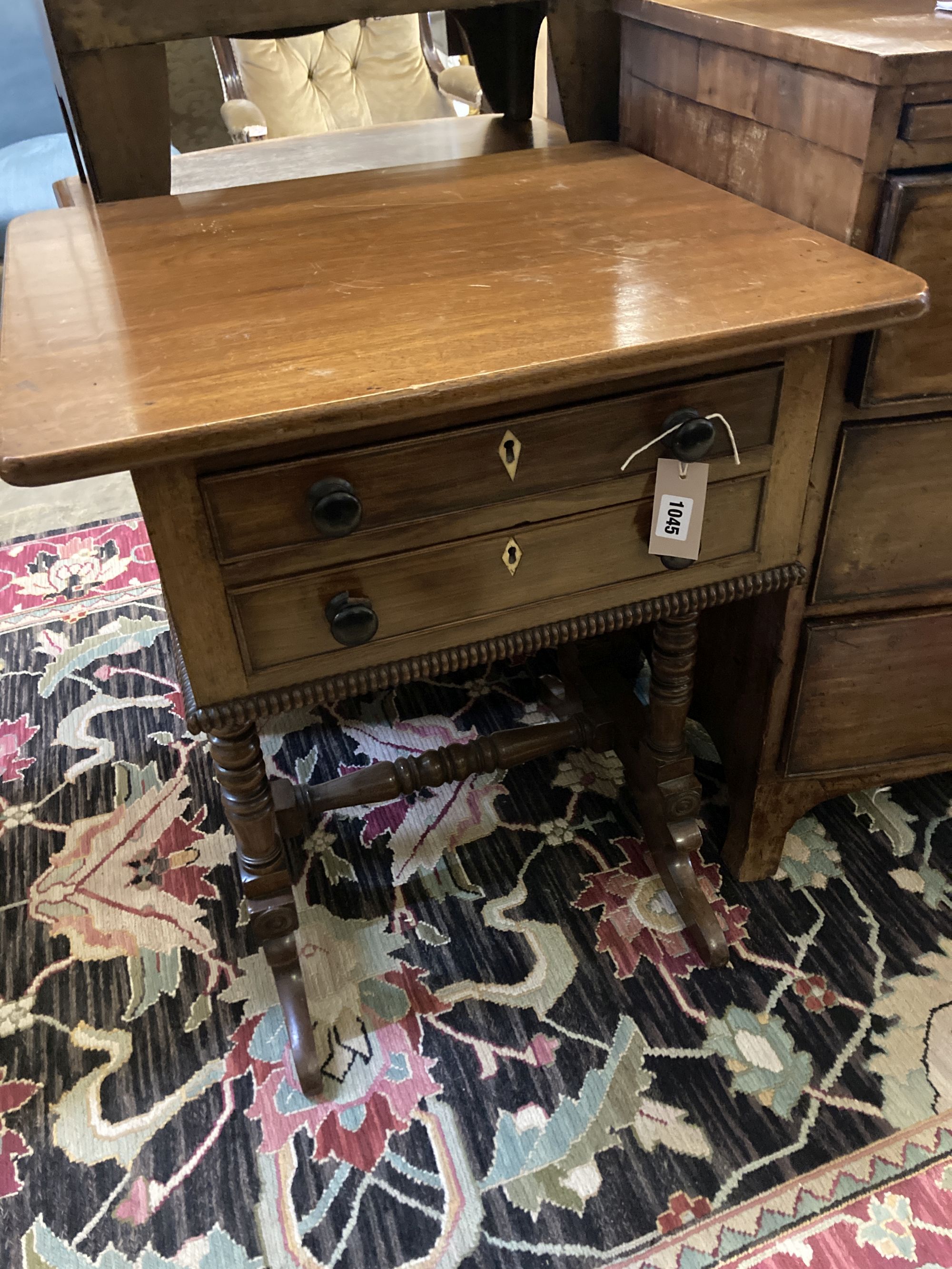 An early Victorian mahogany two drawer work table, width 62cm, depth 54cm, height 74cm